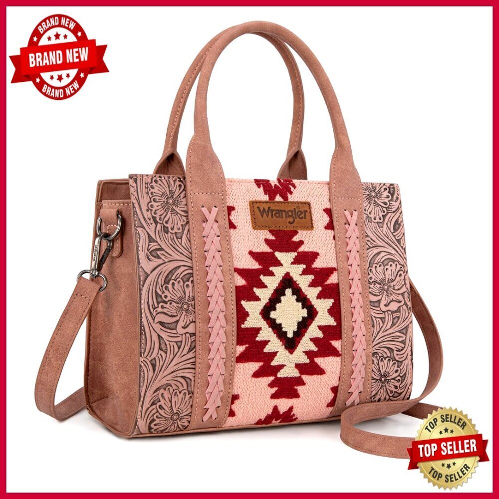Genuine Leather Tote Bag with Western Floral Tooled Pattern and Zipper Closure